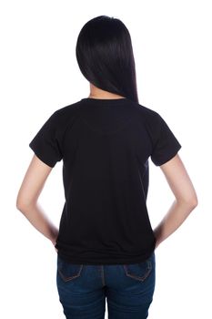 woman in black t-shirt isolated on a white background (rear view)