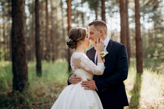 the bride and groom are walking in a pine forest on a bright day