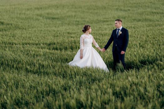 the groom and the bride walk along the wheat green field on a bright day