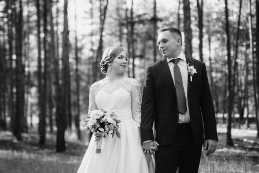 the bride and groom are walking in a pine forest on a bright day