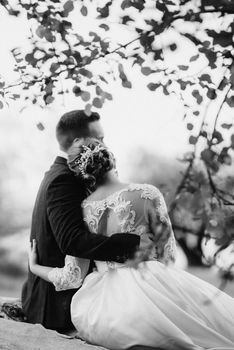 the groom and the bride are walking in the forest near a narrow river on a bright day