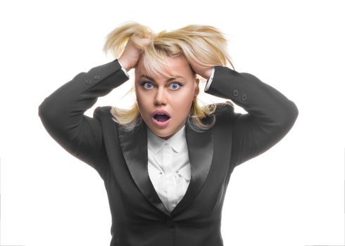 Portrait of a shocked business woman over white background. Female half-length portrait.