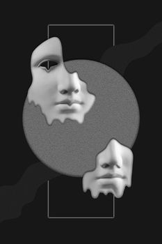 Antique sculpture of woman face surreal collage in pop art style. Modern image with cut details of statue head on a black. Dark concept. Zine culture. Contemporary art poster. Funky retro minimalism.