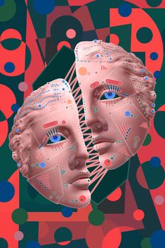 Collage with sculpture of human face in a pop art style. Modern creative concept image with ancient statue head. Zine culture. Contemporary art poster. Crypto art design. Funky punk minimalism.