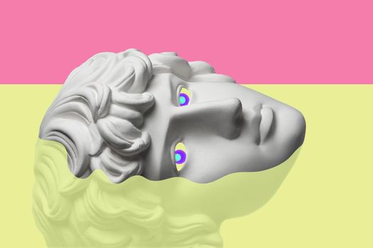 Collage with sculpture of human face in a pop art style. Modern creative concept image with ancient statue head. Zine culture. Contemporary art poster. Retro surreal design. Funky punk minimalism.