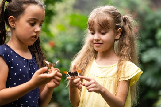 Two little sisters holding a butterfly in their hands. Children exploring nature. Family leisure with kids at summer.