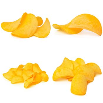 Set of potato chips close-up on an isolated white background