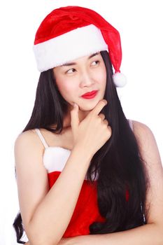 woman thinking in Santa Claus clothes isolated on a white background