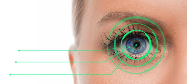 Eye close up. Iris identification access concept.
