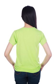 woman in green t-shirt isolated on a white background (rear view)