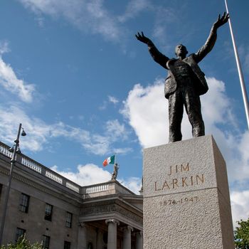 The Memorial Statue To James Larkin On O connell Street Dublin Ireland with the GPO behind