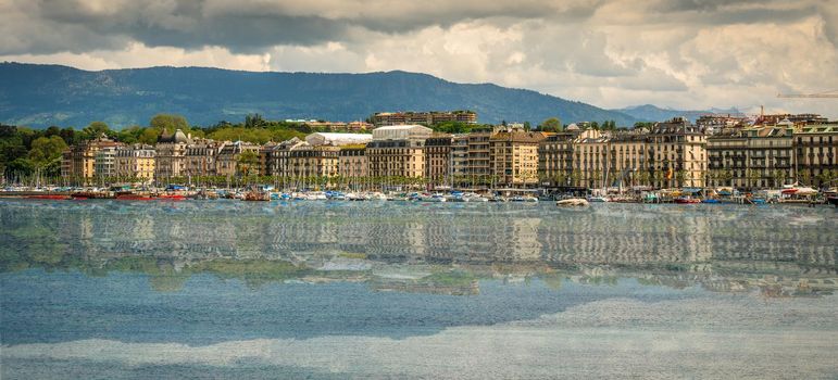 Geneve, Switzerland - 11 May 2014: panoramic view of the modern embankment and the center of Geneva, Switzerland