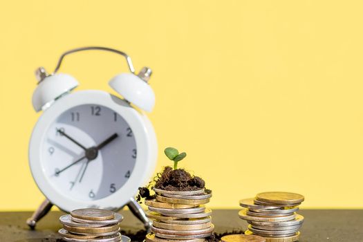 coins stack and alarm clock on white background