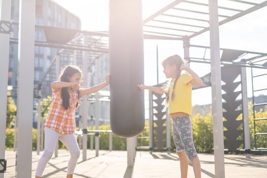 Two cute little girls having fun on a playground outdoors in summer. Sport activities for kids.