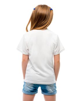 Little girl in white blank t-shirt prepared for your logo on white background, back view