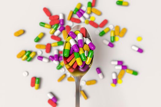 Assorted pharmaceutical medicine pills and spoon. 3D rendering illustration