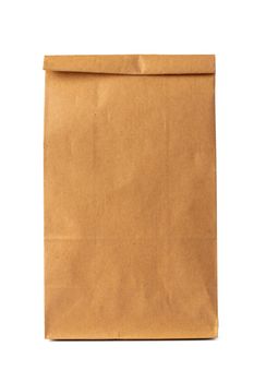 Brown craft paper bag packaging template on white background close up