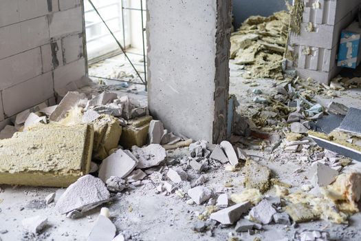 Small apartment without repair in a new building. A room in an unfinished house. Walls of foam block and concrete floor in a tiny apartment.