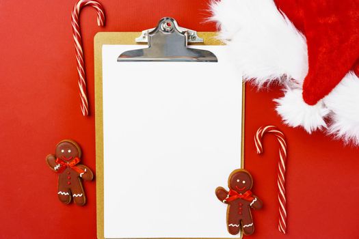 Blank Christmas greeting card with festive decorations, top view