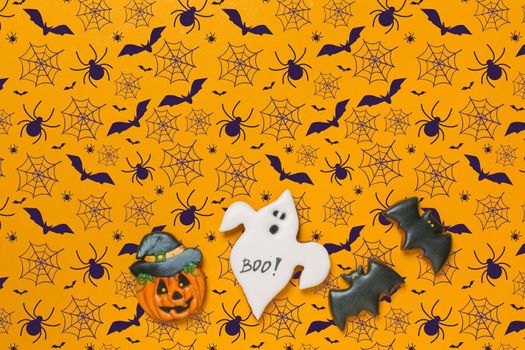 Halloween concept with gingerbread cookies for background, copy space