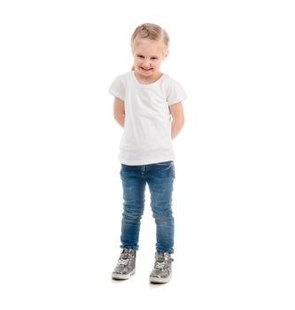 Adorable girl in a white t-shirt standing isolated on white background, lovely hairstyle