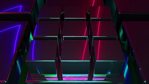Bright lines 3d render of squares with laser curved line in reflection. Digital abstraction of electronic technology with geometric gradient backlighting. Futuristic virtual setup.