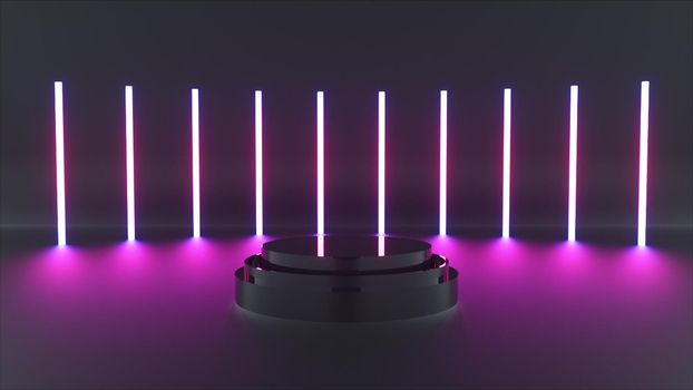 Round podium with 3d render lighting from thin led lamps. Futuristic design for congratulations and synthwave parties. Geometric digital sign with laser blur light.