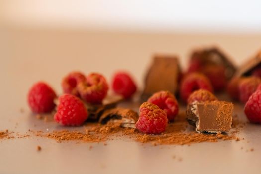 red Raspberry fruit on gray background chocolate
