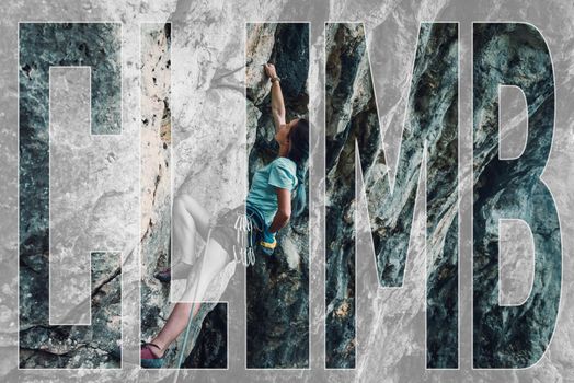 Double exposure of young woman in safety harness with equipment on rock wall outdoor and word climb.