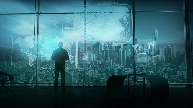 A man works with a holographic geolocation and search system while standing in his office. 3D render.