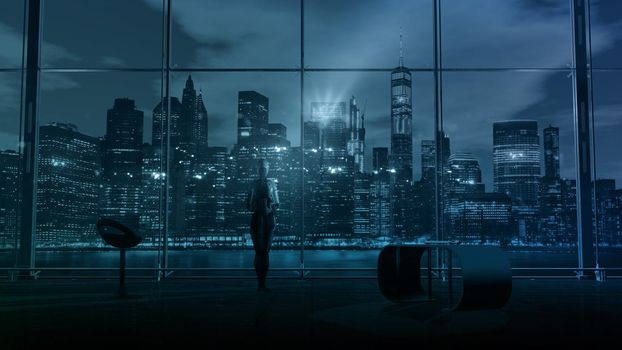 Fantastic scene with an android standing in the office in front of a panoramic window overlooking the night city. 3D render.