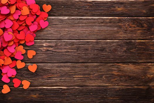 Love hearts on vintage wooden background. Background texture of hearts. 3D rendering illustration