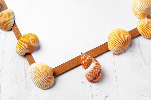 Clipboard with sea shells on white wooden table close up, copy space.