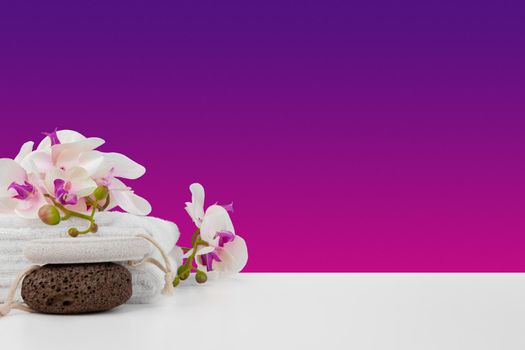 Beautiful pink flowers and white towels on pink background, front view