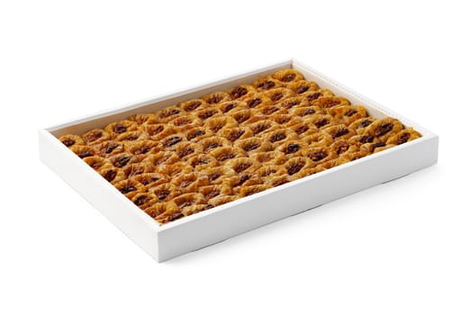 Turkish baklava dessert in a white box isolated on white background