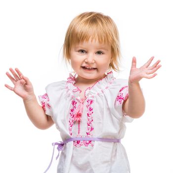 cute happy little baby girl in the national Ukrainian costume isolated over white background