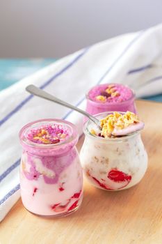 Close up of fruit yougurt smoothie - health living concept