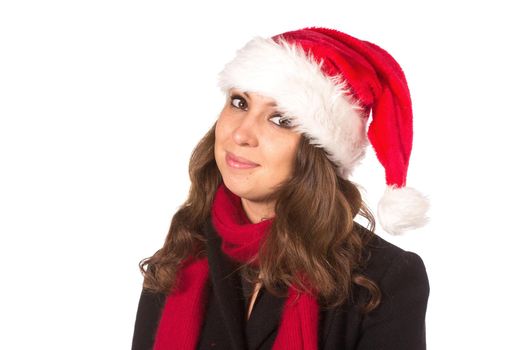 Funny harry Christmas girl with red fluffy Santa Hat. Isolated on white