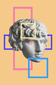 Collage with sculpture of human face in a pop art style. Modern creative concept image with ancient statue head. Zine culture. Contemporary art poster. Retro surreal design. Funky punk minimalism.