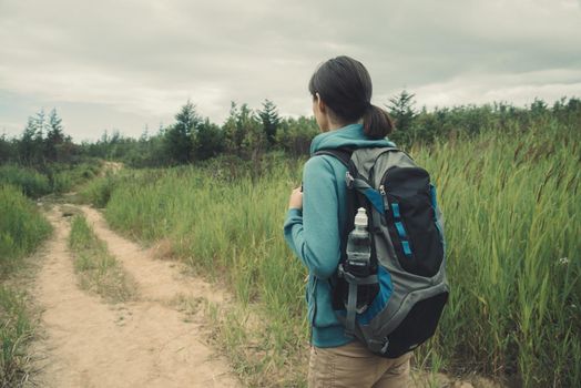 Hiker young woman with backpack walking on footpath in summer forest