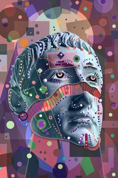 Collage with sculpture of human face in a pop art style. Modern creative concept image with ancient statue head. Zine culture. Contemporary art poster. Crypto art design. Funky punk minimalism.