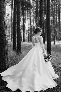 the bride walking in a pine forest on a bright day