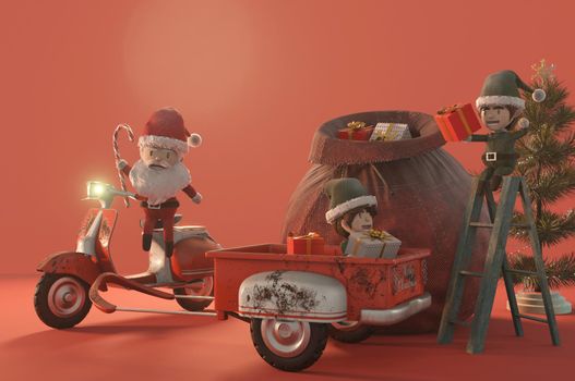 3d illustration. Christmas Sale Promotion Template . Concept shopping online Santa Claus and elf a vintage scooter . COPY SPACE for logo and text