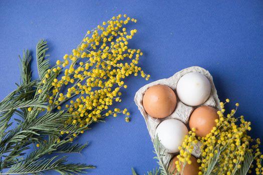 Easter background, eggs on a blue background, decorated with Mimosa flowers, flatlay, top view, happy Easter.