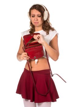Beautiful woman looking through her pocket book purse, isolated