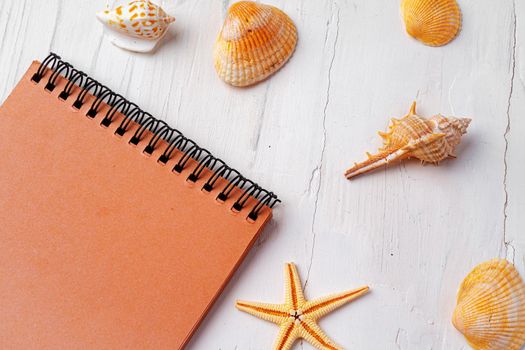 Brown open notepad surrounded by sea shells on white wooden table, copy space
