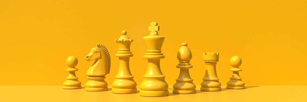 Yellow chess pieces 3D rendering illustration isolated on yellow background