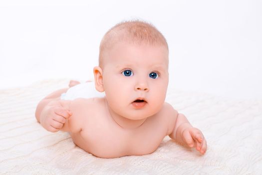 Cute baby girl on white background with isolation. Baby in diaper