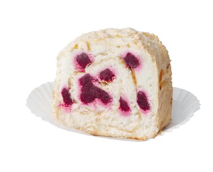 Piece of biscuit roll isolated on white background, close up