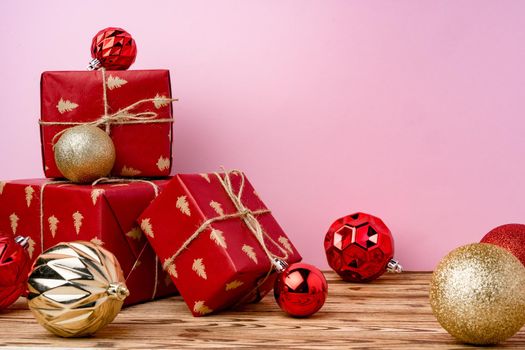 Beautiful wrapped red git boxes for Christmas celebration